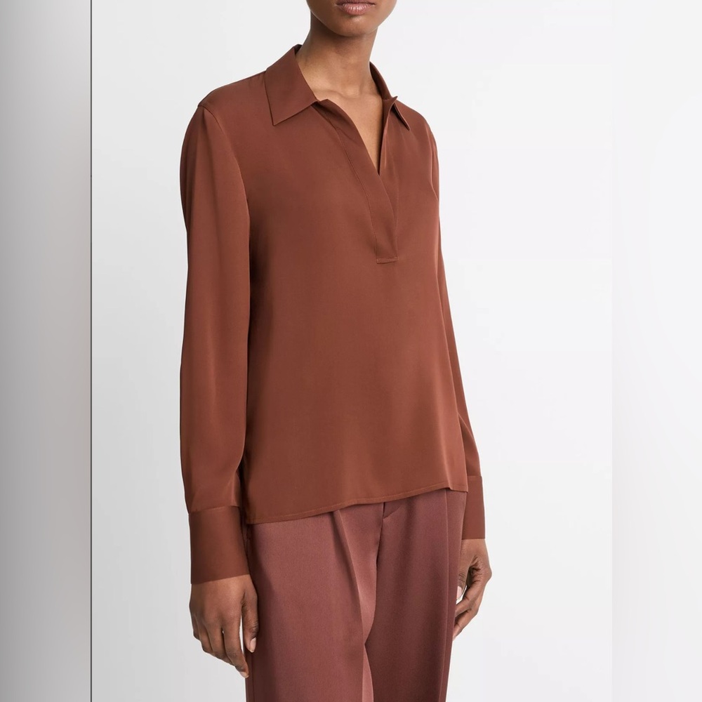 Stretch-Silk Long-Sleeve Polo Blouse in deep rosewood color